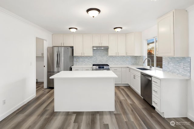 kitchen with a center island, appliances with stainless steel finishes, sink, white cabinets, and dark wood-type flooring