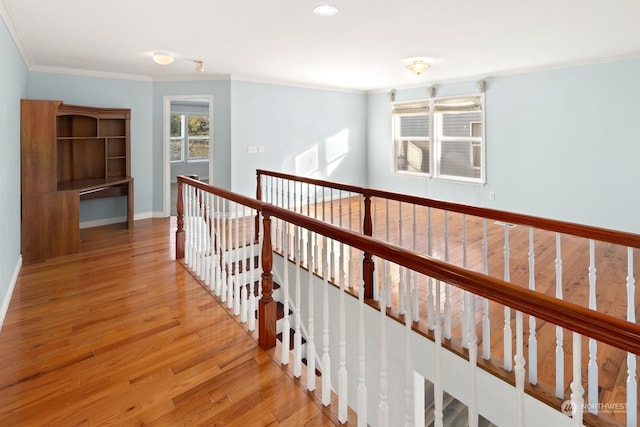 hallway featuring crown molding and light hardwood / wood-style floors