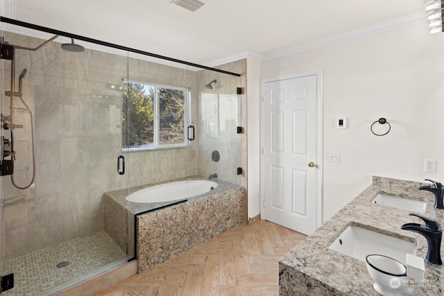 bathroom featuring parquet flooring, plus walk in shower, vanity, and ornamental molding