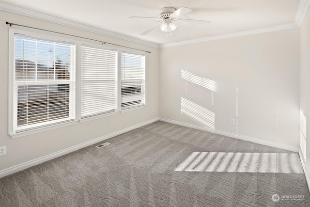 spare room with carpet flooring, ceiling fan, and ornamental molding