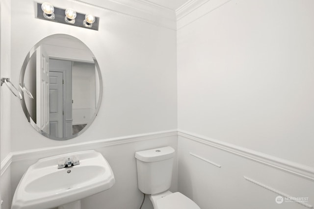 bathroom featuring sink, toilet, and crown molding