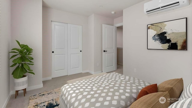 bedroom with light colored carpet, a closet, and an AC wall unit