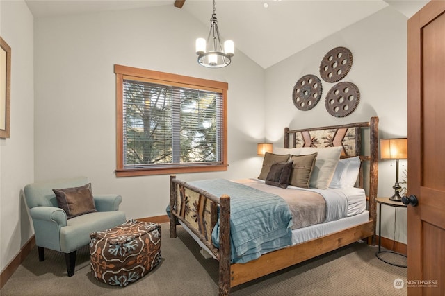 bedroom with carpet flooring, vaulted ceiling with beams, and a notable chandelier