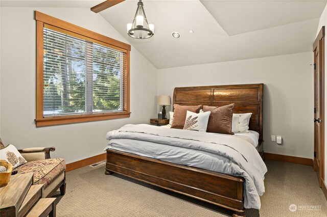 bedroom with a notable chandelier, light colored carpet, and lofted ceiling with beams