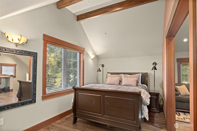 bedroom featuring vaulted ceiling with beams and dark hardwood / wood-style floors