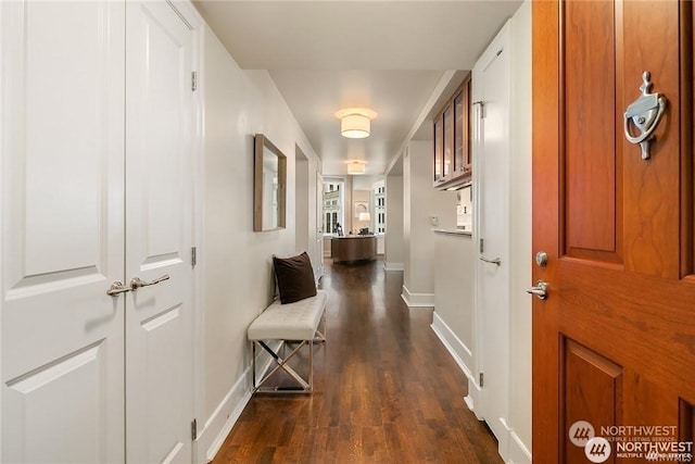 hallway with dark hardwood / wood-style floors