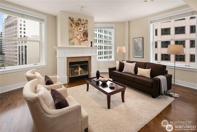 living room with dark wood-type flooring