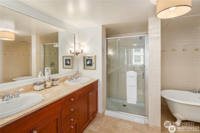 bathroom featuring vanity and separate shower and tub