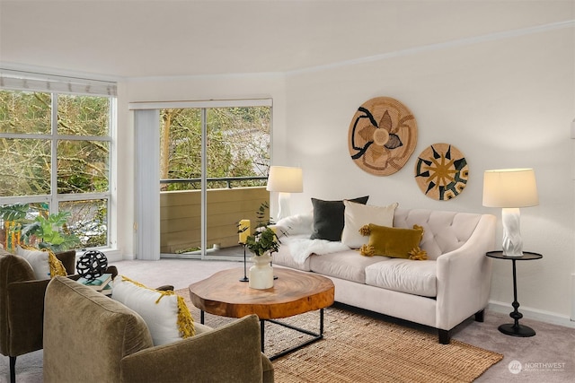 living room with a wealth of natural light and carpet flooring