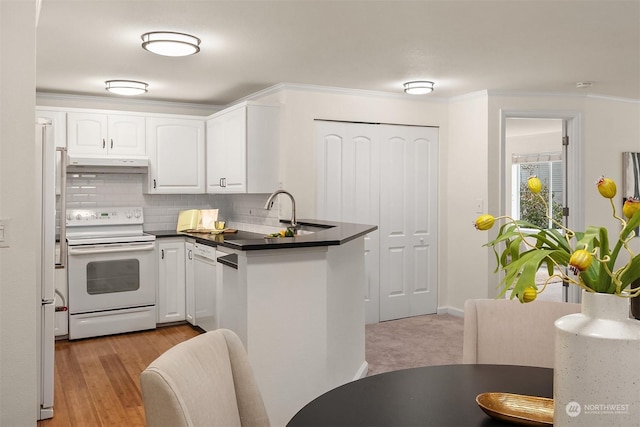 kitchen featuring white appliances, crown molding, white cabinets, kitchen peninsula, and backsplash