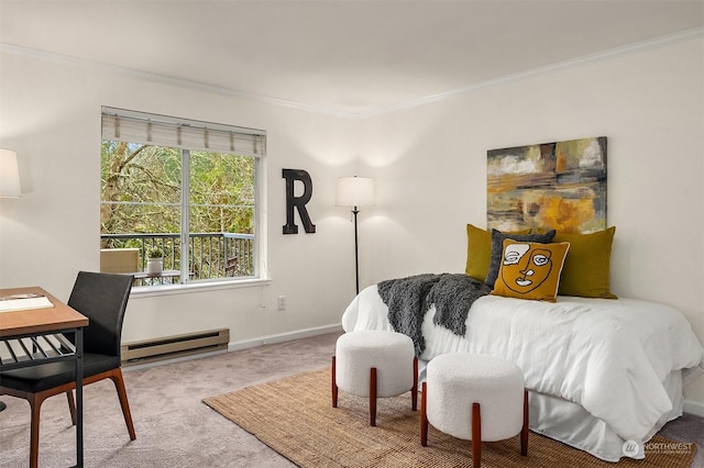 bedroom featuring crown molding, a baseboard radiator, and carpet floors