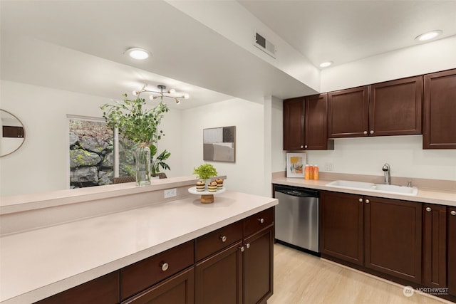 kitchen with sink, dark brown cabinetry, dishwasher, and light hardwood / wood-style flooring