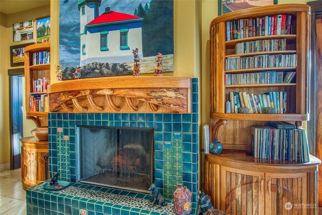 details featuring a tiled fireplace