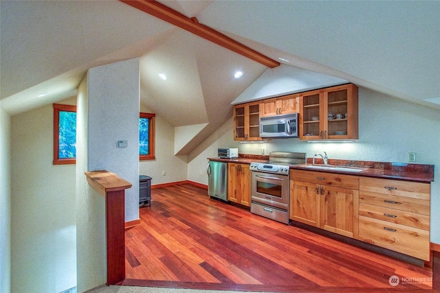 kitchen with lofted ceiling, sink, dark wood-type flooring, and appliances with stainless steel finishes