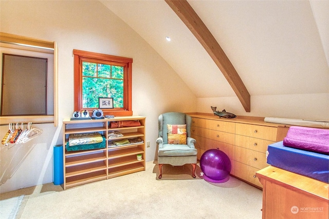 interior space featuring lofted ceiling with beams