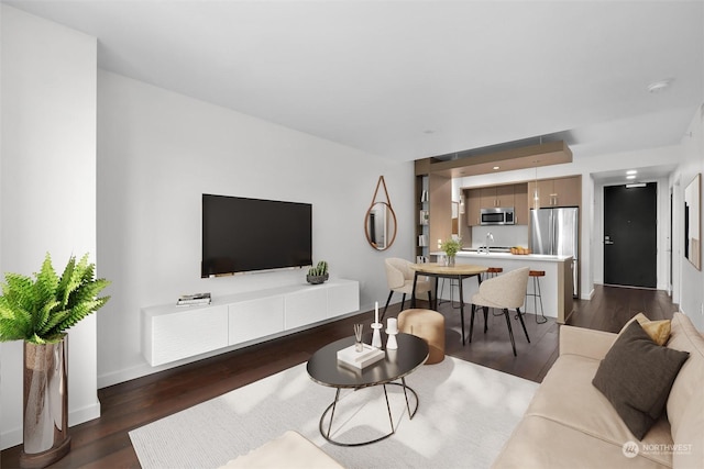 living room featuring sink and dark hardwood / wood-style flooring