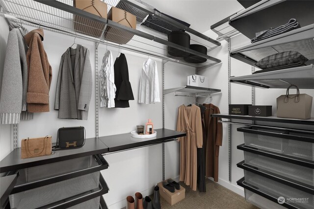 walk in closet with carpet