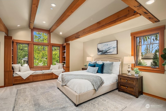 bedroom with light colored carpet, multiple windows, and lofted ceiling with beams