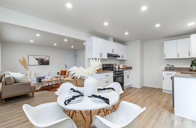 kitchen featuring sink, light hardwood / wood-style floors, stainless steel electric range, and white cabinets