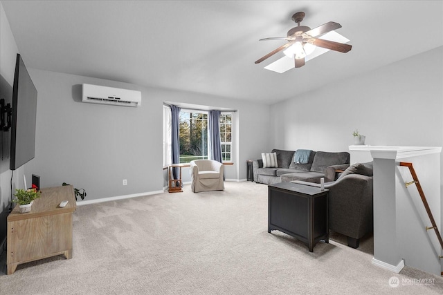 carpeted living room with a wall mounted AC and ceiling fan