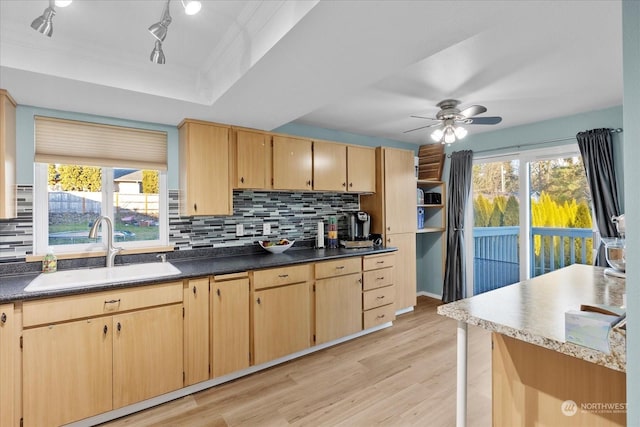 kitchen featuring light brown cabinetry, sink, tasteful backsplash, and light wood-type flooring