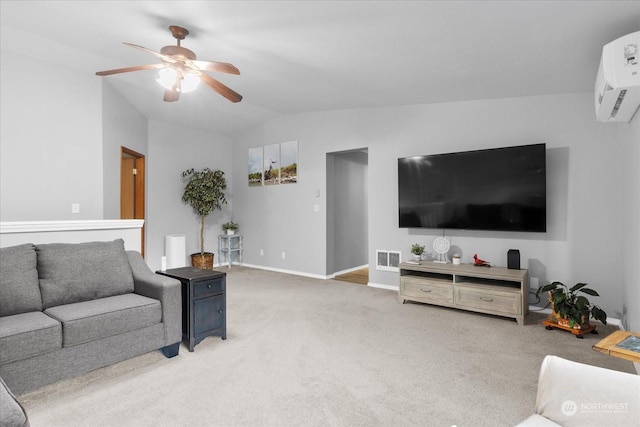 living room with a wall mounted air conditioner, ceiling fan, lofted ceiling, and carpet