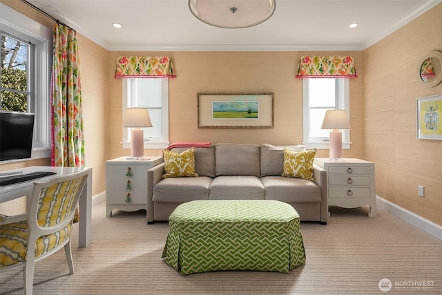 carpeted living room with crown molding, recessed lighting, and baseboards