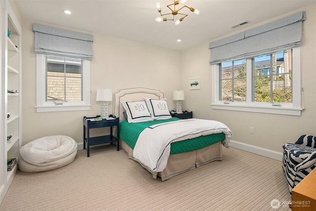 bedroom featuring recessed lighting, visible vents, baseboards, and an inviting chandelier