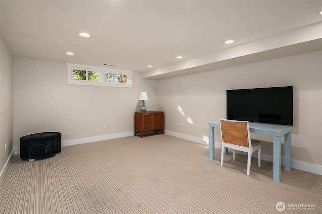 office area with recessed lighting, baseboards, and carpet floors