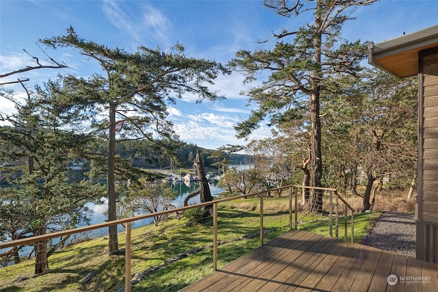 wooden deck with a water view