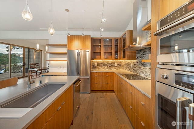 kitchen featuring brown cabinets, island exhaust hood, stainless steel appliances, light wood-style floors, and open shelves