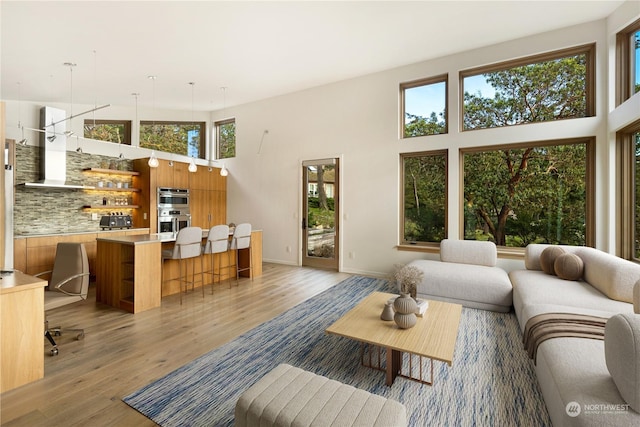 living room with light wood finished floors, a towering ceiling, and baseboards