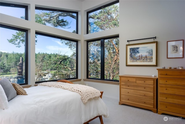 bedroom with carpet flooring, a towering ceiling, and multiple windows