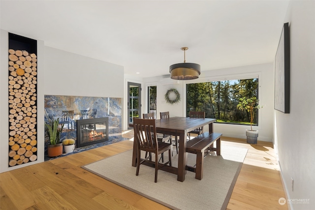 dining space with hardwood / wood-style floors and a fireplace