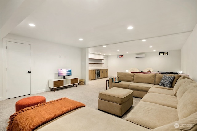 living room with light colored carpet, beverage cooler, bar, and a wall mounted AC