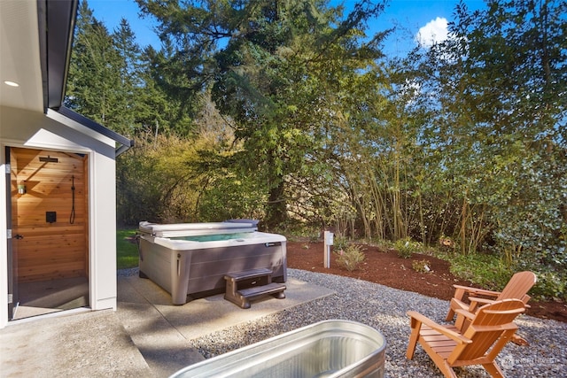 view of patio featuring a hot tub