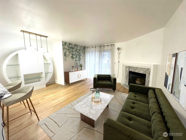 living room featuring a fireplace and light wood-type flooring