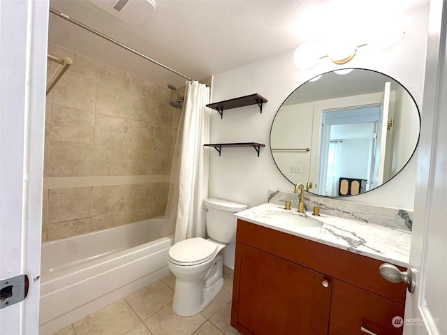 full bathroom featuring toilet, shower / bath combination with curtain, tile patterned floors, and vanity