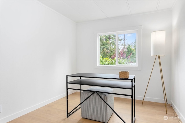 office featuring light wood-type flooring and ornamental molding