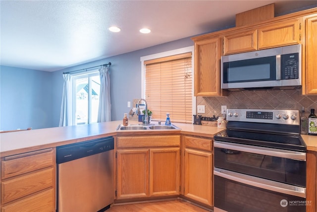 kitchen featuring sink, stainless steel appliances, light wood-type flooring, and backsplash