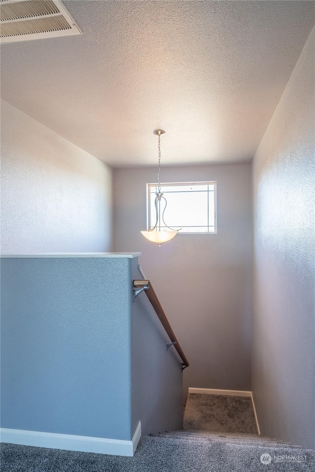 stairway featuring carpet and a textured ceiling