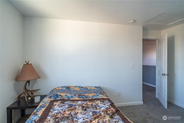 bedroom featuring dark colored carpet