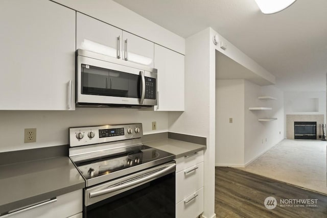 kitchen with white cabinetry, appliances with stainless steel finishes, and dark wood-type flooring