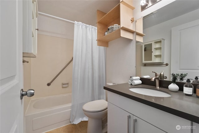 full bathroom with shower / tub combo, vanity, toilet, and tile patterned flooring