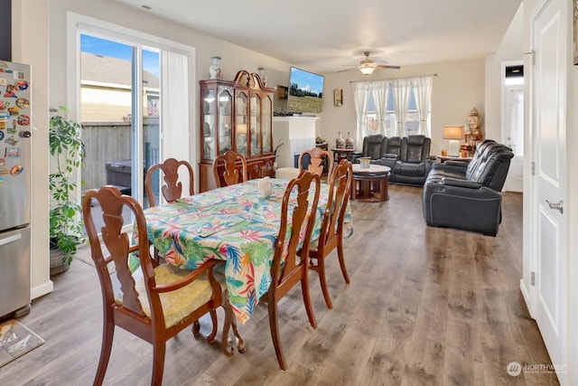 dining space featuring light wood-type flooring, ceiling fan, and plenty of natural light