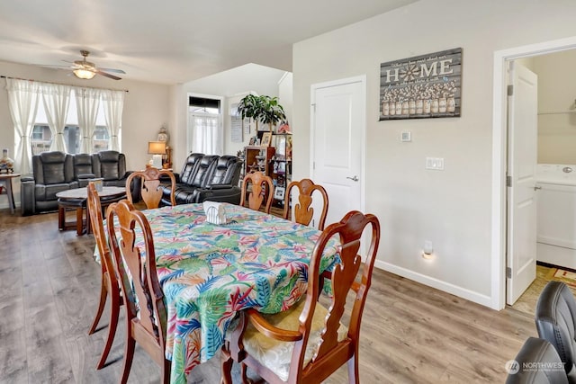 dining room with ceiling fan and wood-type flooring