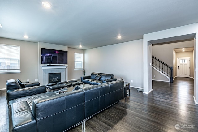 living room featuring a fireplace and dark wood-type flooring