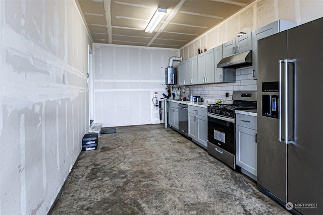 kitchen featuring sink, gray cabinets, stainless steel appliances, and water heater