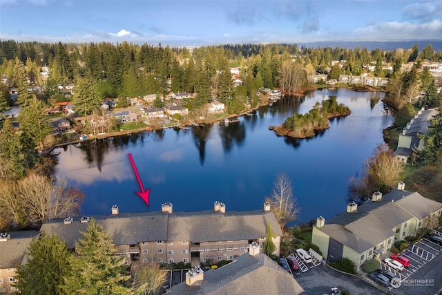 birds eye view of property with a water view