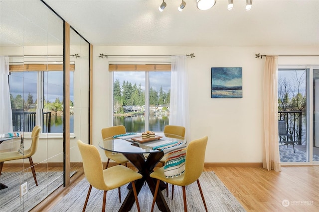 dining area featuring hardwood / wood-style flooring and a water view